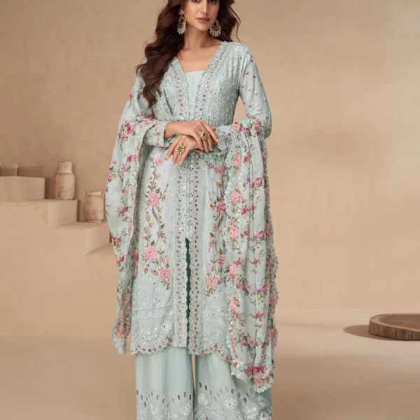 Aqua Sky Blue Chinon Straight Suit Ethnic Designer Look