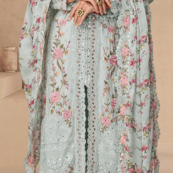 Aqua Sky Blue Chinon Straight Suit Ethnic Designer Look