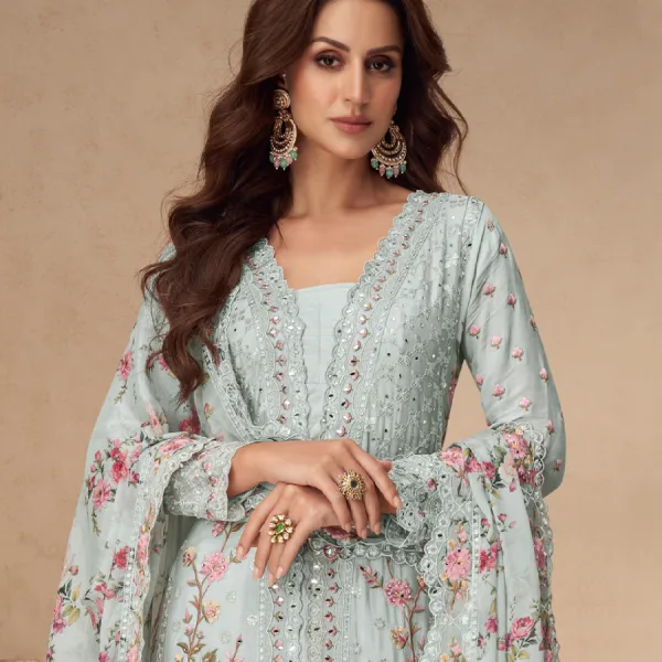 Aqua Sky Blue Chinon Straight Suit Ethnic Designer Look