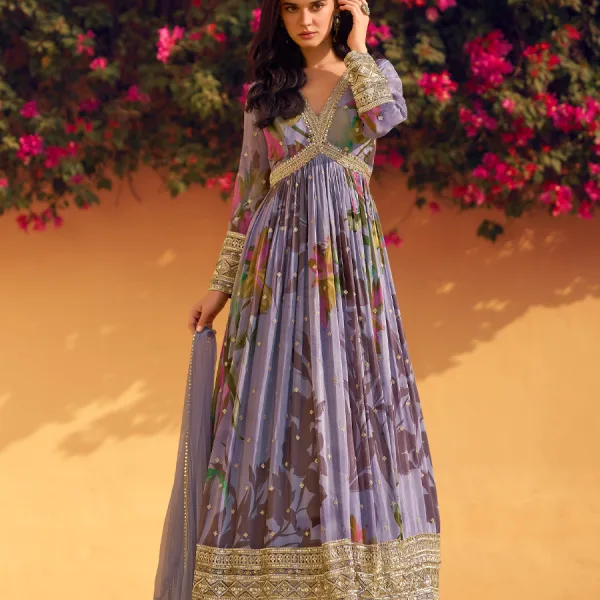 Lavender Floral Chinon Anarkali for Women Ethnic Charm