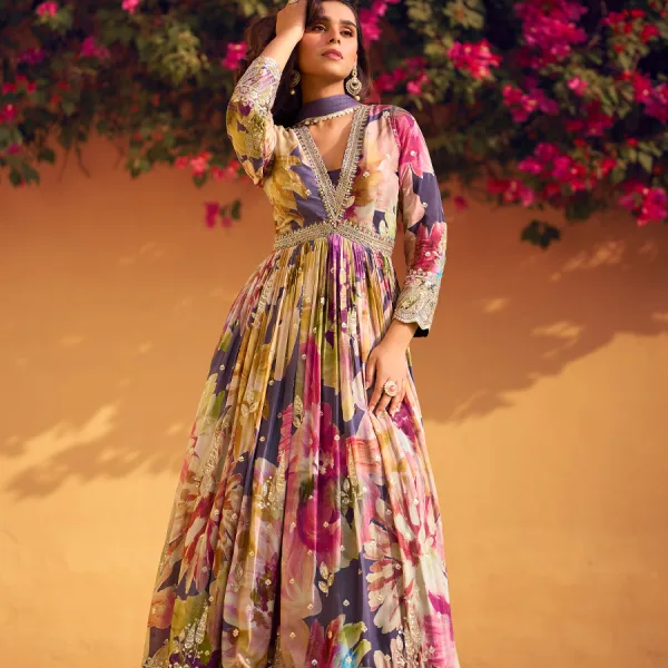 Purple Floral Chinon Anarkali for Women Designer Look