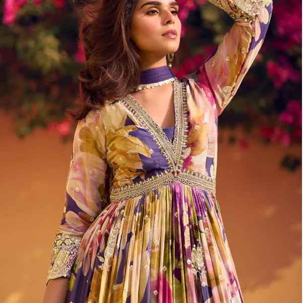 Purple Floral Chinon Anarkali for Women Designer Look