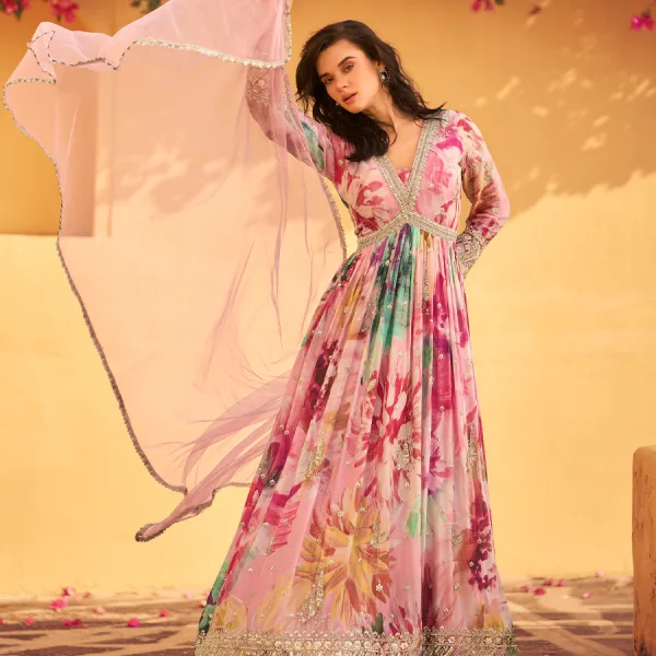 Pink Floral Chinon Anarkali for Women Elegant Ethnic Wear