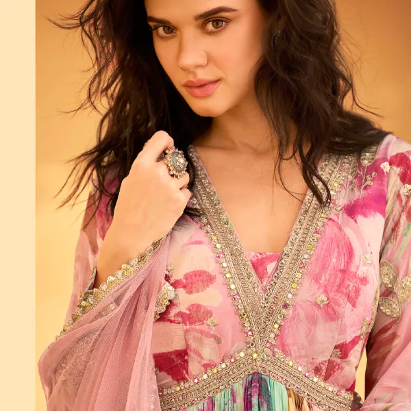 Pink Floral Chinon Anarkali for Women Elegant Ethnic Wear