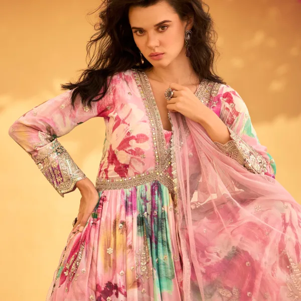 Pink Floral Chinon Anarkali for Women Elegant Ethnic Wear