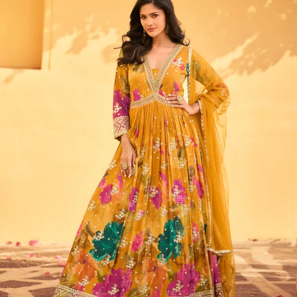 Yellow Floral Chinon Anarkali for Women Party Ready Outfit
