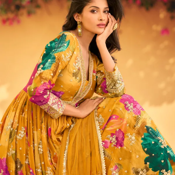 Yellow Floral Chinon Anarkali for Women Party Ready Outfit