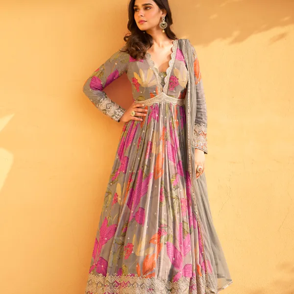 Grey Floral Chinon Anarkali for Women Stylish Ethnic Wear