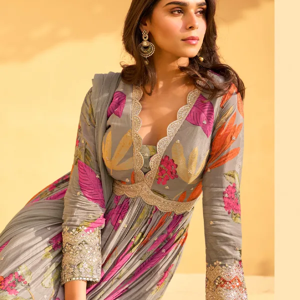 Grey Floral Chinon Anarkali for Women Stylish Ethnic Wear