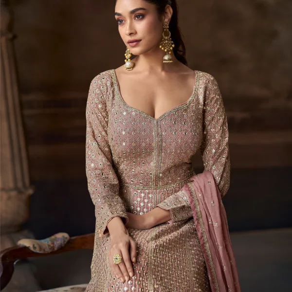 Beige Chinon Anarkali Suit for Women Classic Wedding Wear