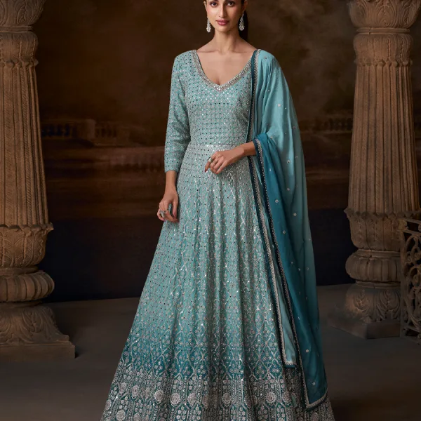 Sky Blue Chinon Anarkali Suit for Women Festive Celebrations