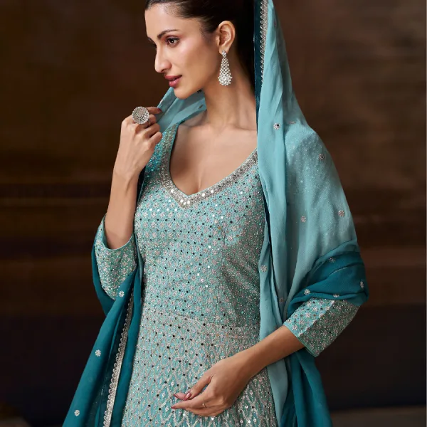 Sky Blue Chinon Anarkali Suit for Women Festive Celebrations