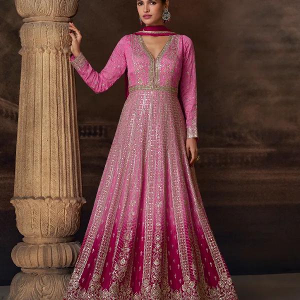 Pink Chinon Anarkali Suit for Women Elegant Wedding Wear