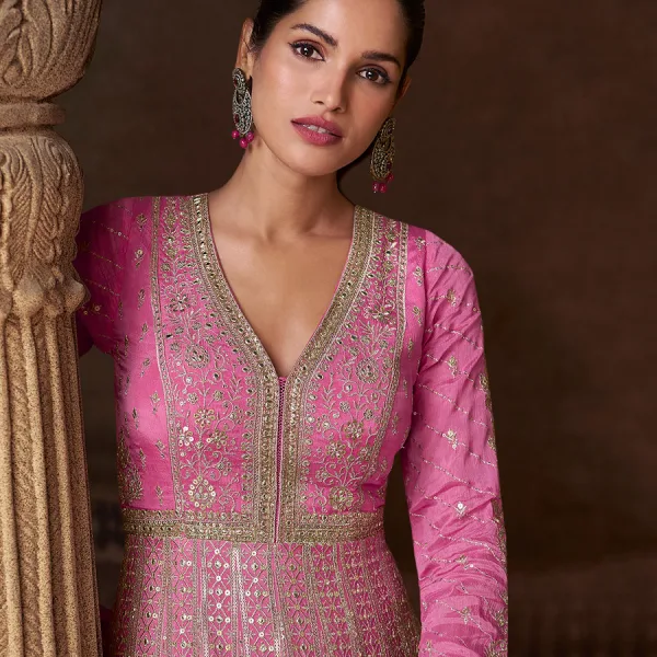 Pink Chinon Anarkali Suit for Women Elegant Wedding Wear