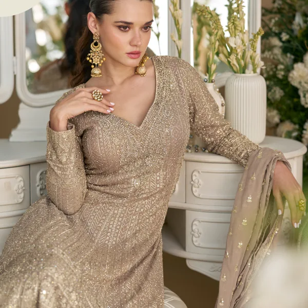 Beige Georgette Peplum Style Designer Suit Set for Women