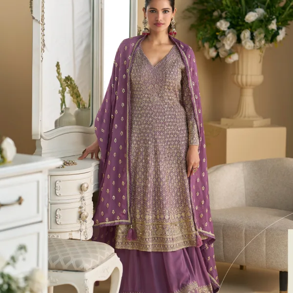 Purple Georgette Peplum Style Designer Suit Set for Women