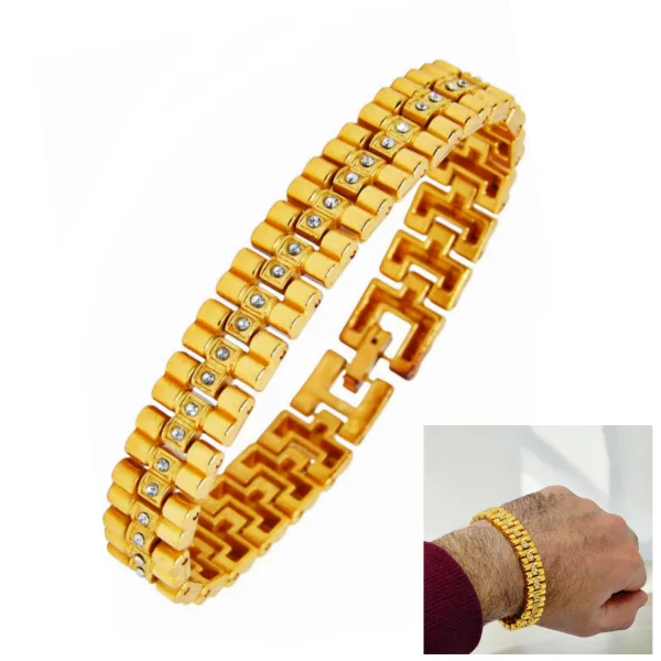 Evordlss Men's Gold-Plated Brass Bracelet for Stylish Modern Stone 20 cm Golden Bracelet (Pack of 1)