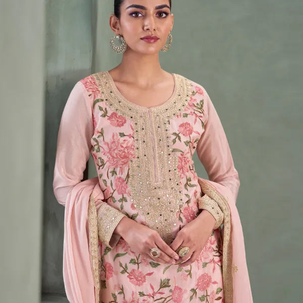 Pink Chinon Long Straight Suit for Women Wedding Wear