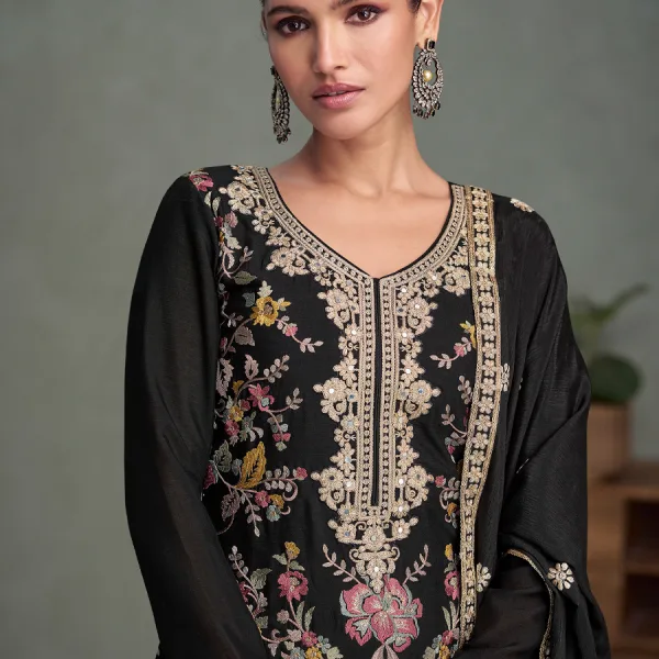 Black Chinon Long Straight Suit for Women Wedding Wear