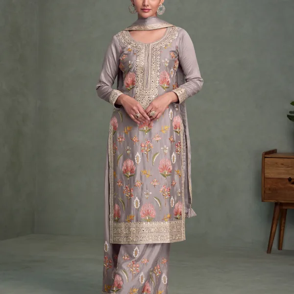 Lilac Chinon Long Straight Suit for Women Wedding Wear