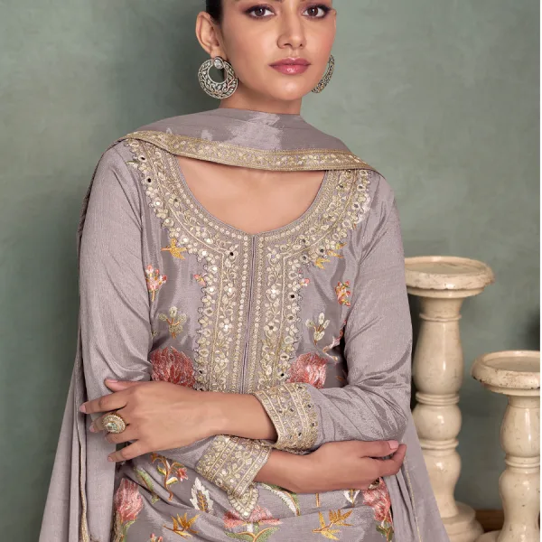 Lilac Chinon Long Straight Suit for Women Wedding Wear