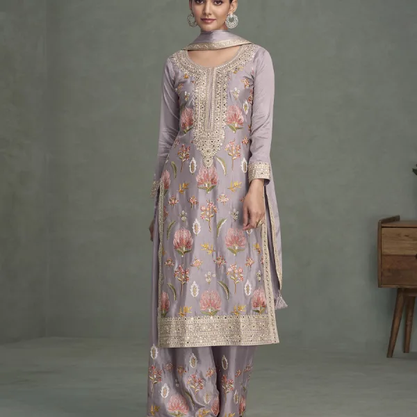 Lilac Chinon Long Straight Suit for Women Wedding Wear