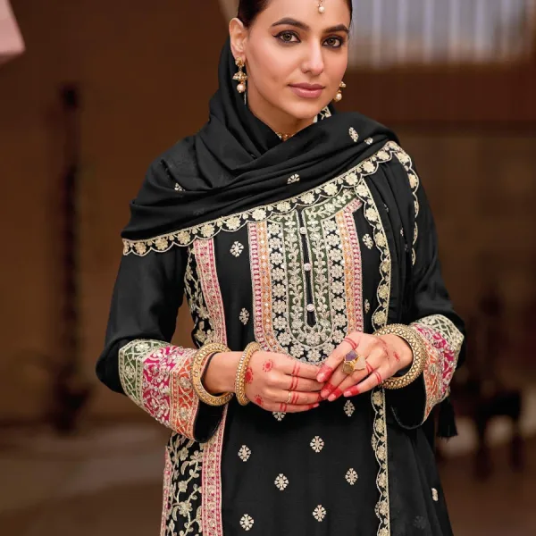 Black Heavy Embroidered Chinon Sharara Suit for Women