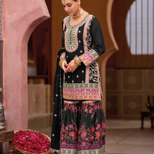 White Heavy Embroidered Chinon Sharara Suit for Women