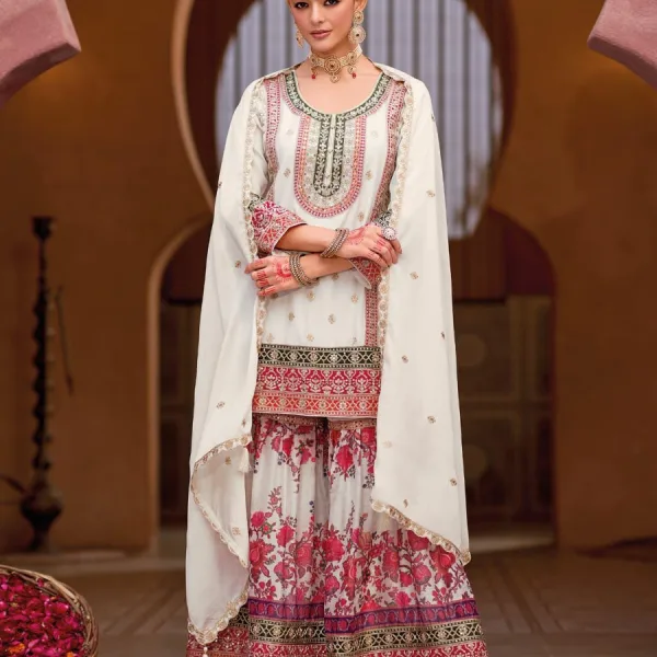 White Heavy Embroidered Chinon Sharara Suit for Women