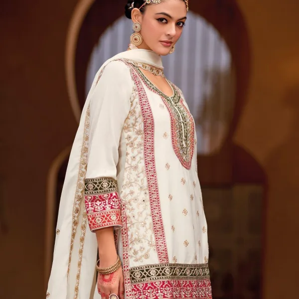 White Heavy Embroidered Chinon Sharara Suit for Women