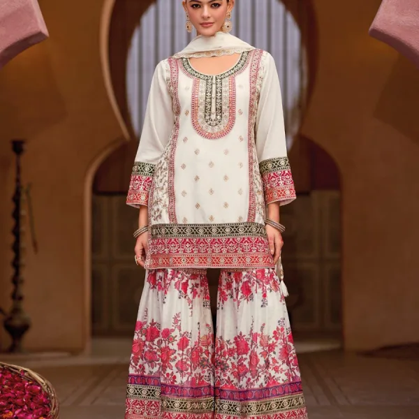 White Heavy Embroidered Chinon Sharara Suit for Women