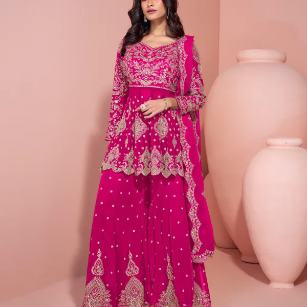 Pink Georgette Heavy Embroidered Sharara Suit for Women
