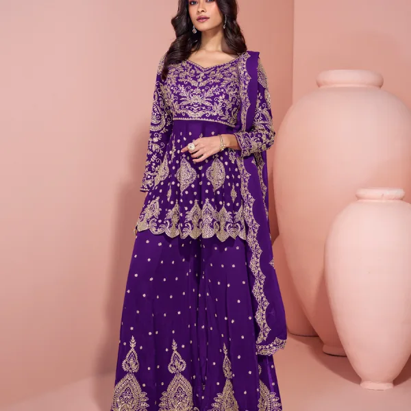Purple Georgette Heavy Embroidered Sharara Suit for Women