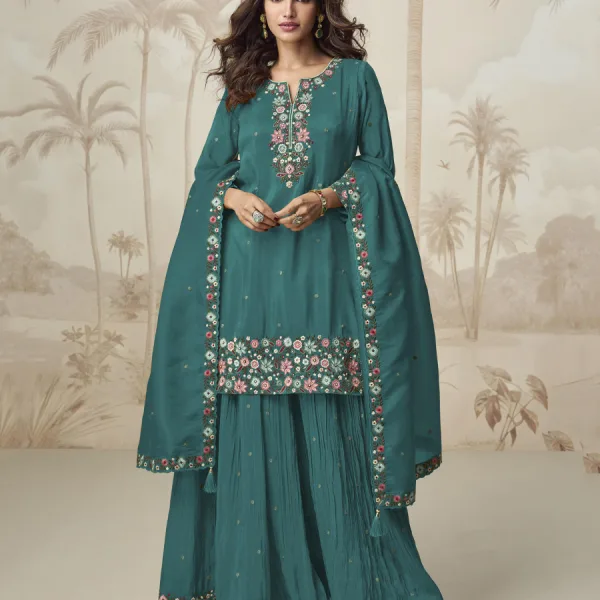 Aqua Blue Silk Sharara Suit for Women Simple Ethnic Wear