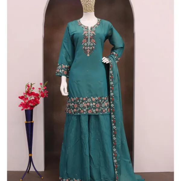 Aqua Blue Silk Sharara Suit for Women Simple Ethnic Wear