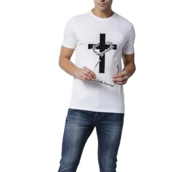 Jesus Christ Cross Graphic Printed White Round Neck Half Sleeves Polyester T-shirt for Men | Christian Religious Faith Design | Casual Wear