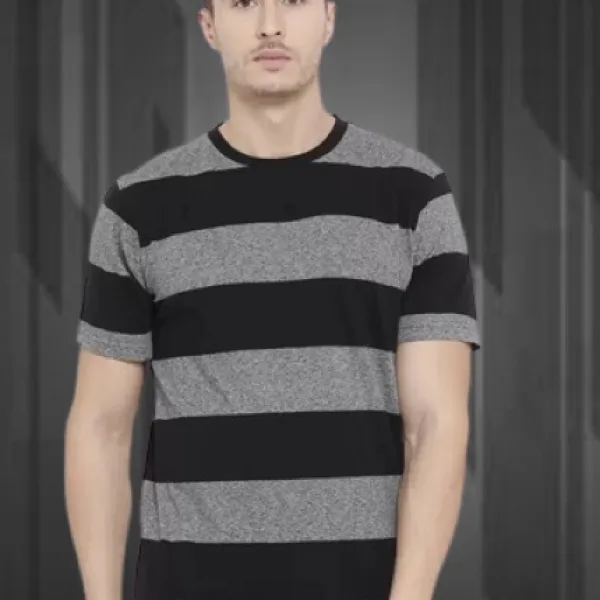 Men's Premium Poly Cotton Black & Grey Striped Half Sleeve T-Shirt | Stylish Casual Wear Round Neck Tee