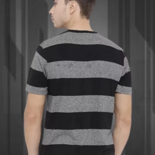 Men's Premium Poly Cotton Black & Grey Striped Half Sleeve T-Shirt | Stylish Casual Wear Round Neck Tee