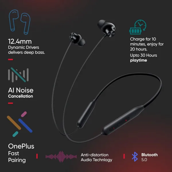 OnePlus Bullets Z2 Bluetooth Wireless in Ear Earphones with Mic, Bombastic Bass - 12.4 Mm Drivers, 10 Mins Charge - 20 Hrs Music, 30 Hrs Battery Life (Magico Black)