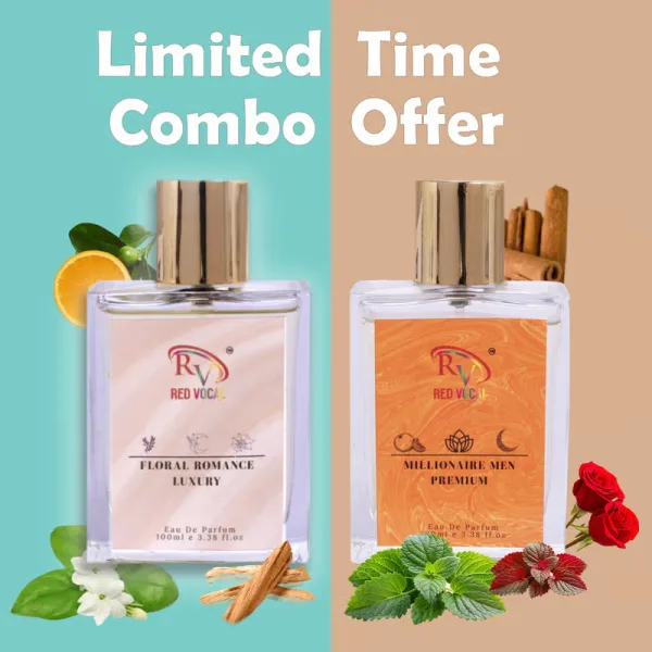 Red Vocal Floral Romance Luxury (Women) with Millionaire Men Premium (Men) 100ml Perfume Spray Combo – 2 x 100ml