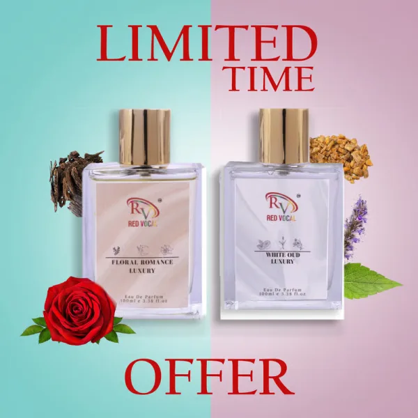 Red Vocal Floral Romance Luxury (Women) with White Oud Luxury (Unisex) 100ml Perfume Spray Combo – 2 x 100ml
