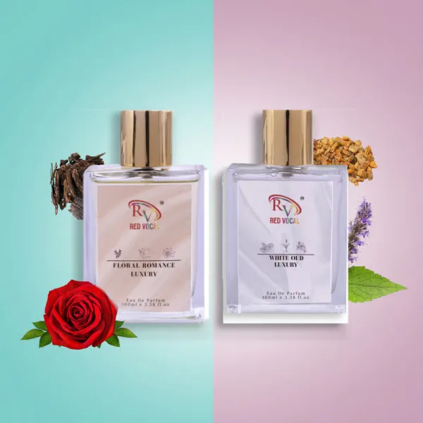 Red Vocal Floral Romance Luxury (Women) with White Oud Luxury (Unisex) 100ml Perfume Spray Combo – 2 x 100ml