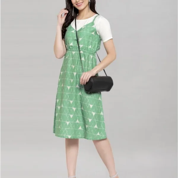 ATTIRIS Women's Poly Cotton Printed A-Line Knee Length T - Shirt Style Round Neck Dress, Green