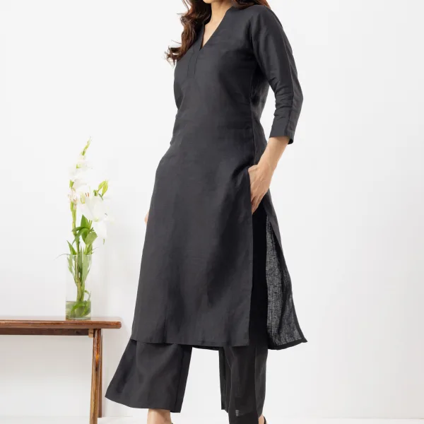 Black V Neck Kurta Set Elegant Ethnic Outfit for Women