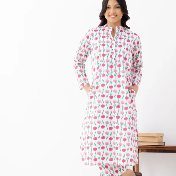 Women’s White & Pink Floral Cotton Kurta Set