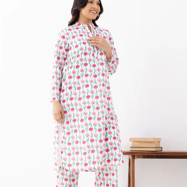 Women’s White & Pink Floral Cotton Kurta Set