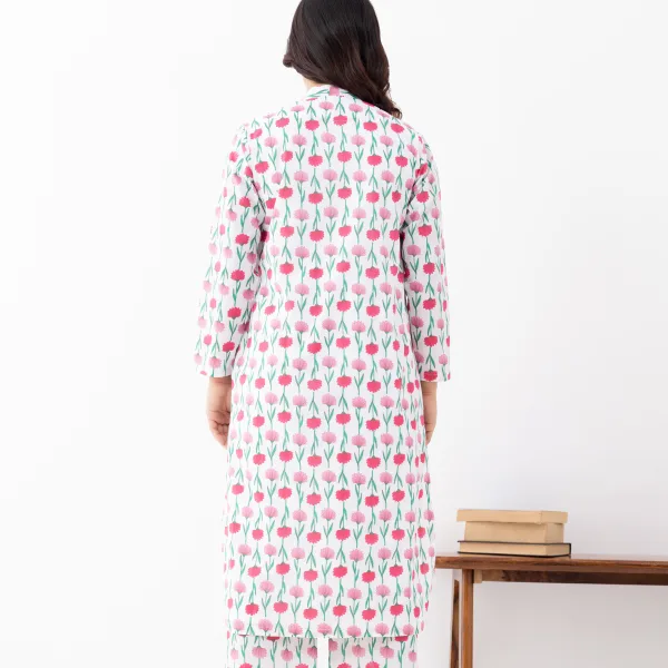 Women’s White & Pink Floral Cotton Kurta Set
