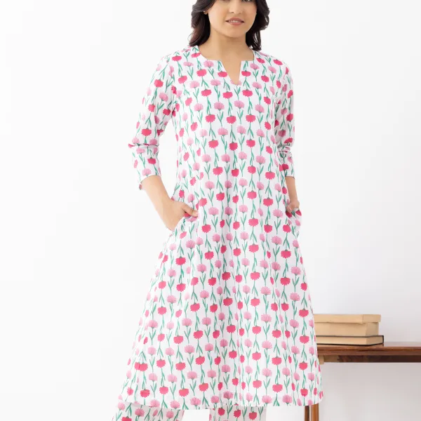 Floral Print Cotton Kurta Set with Palazzo Pants