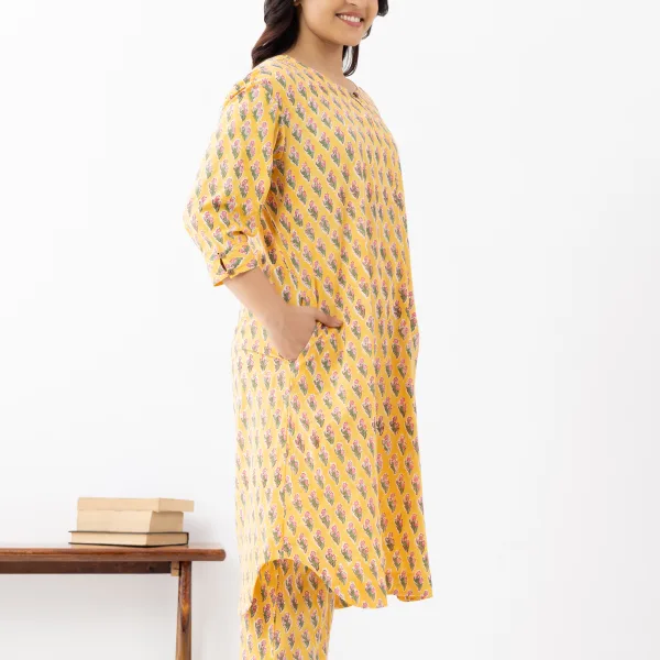 Mustard Yellow Printed Cotton Kurta Set with Tapered Pants