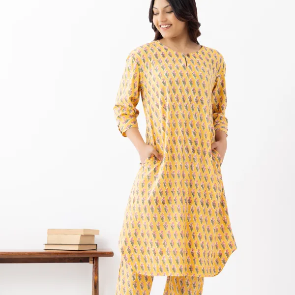 Mustard Yellow Printed Cotton Kurta Set with Tapered Pants